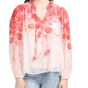 Rachel Zoe Boho Floral Pink Blouse Pom tassels tank Small elastic wrists NWOT